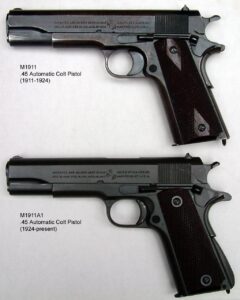 Government-issue M1911 and M1911A1 .45 pistols compared, the model Singer built