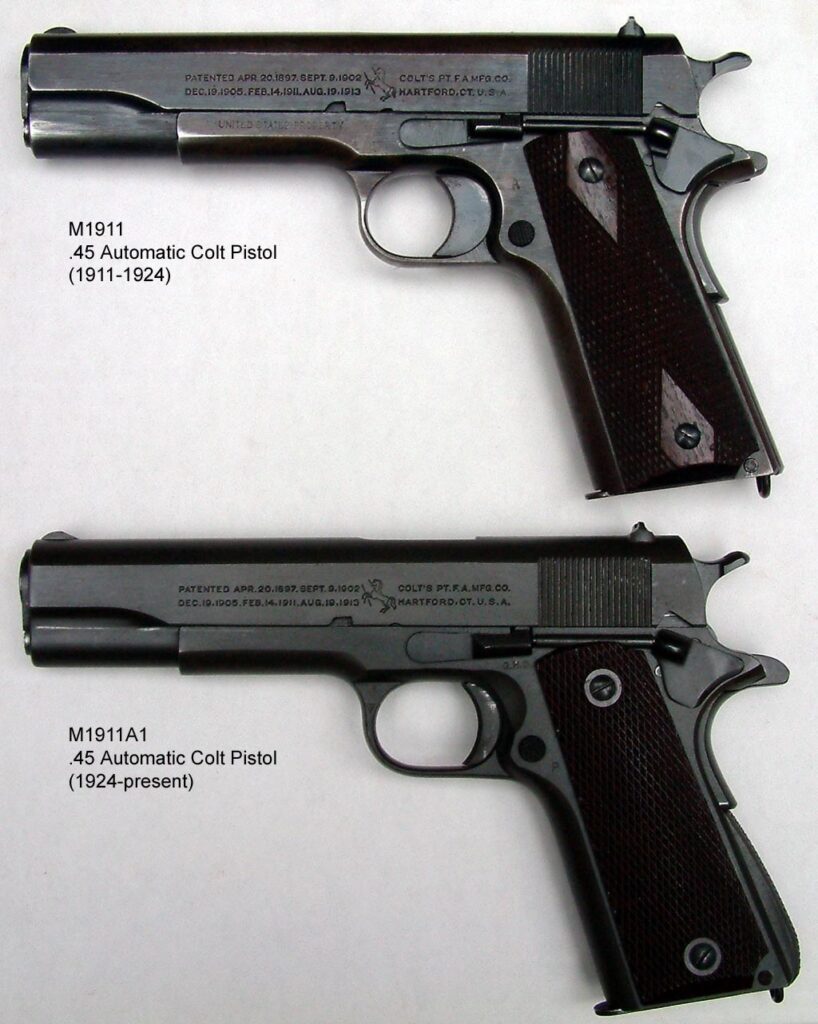 Government-issue M1911 and M1911A1 .45 pistols compared, the model Singer built