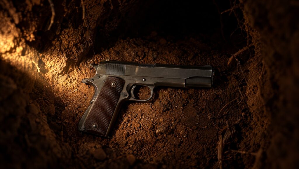 M1911A1 pistol at the mouth of a dark earth tunnel lit by a flashlight beam