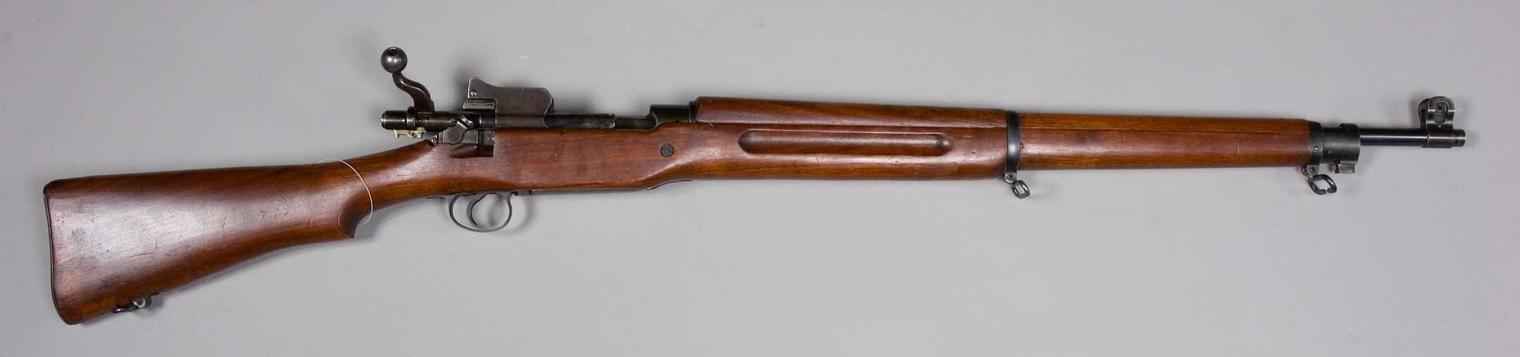 Right side of a US M1917 Enfield rifle in .30-06 with its dog-leg bolt handle and protected rear sight