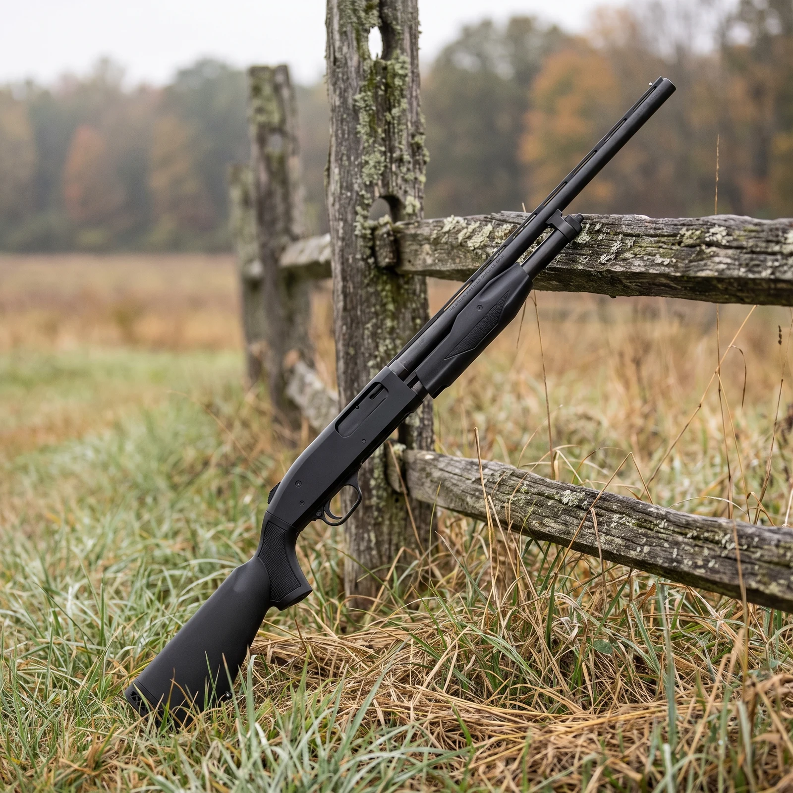 Mossberg 510 Mini Super Bantam leaning against a split rail fence at the edge of an autumn field