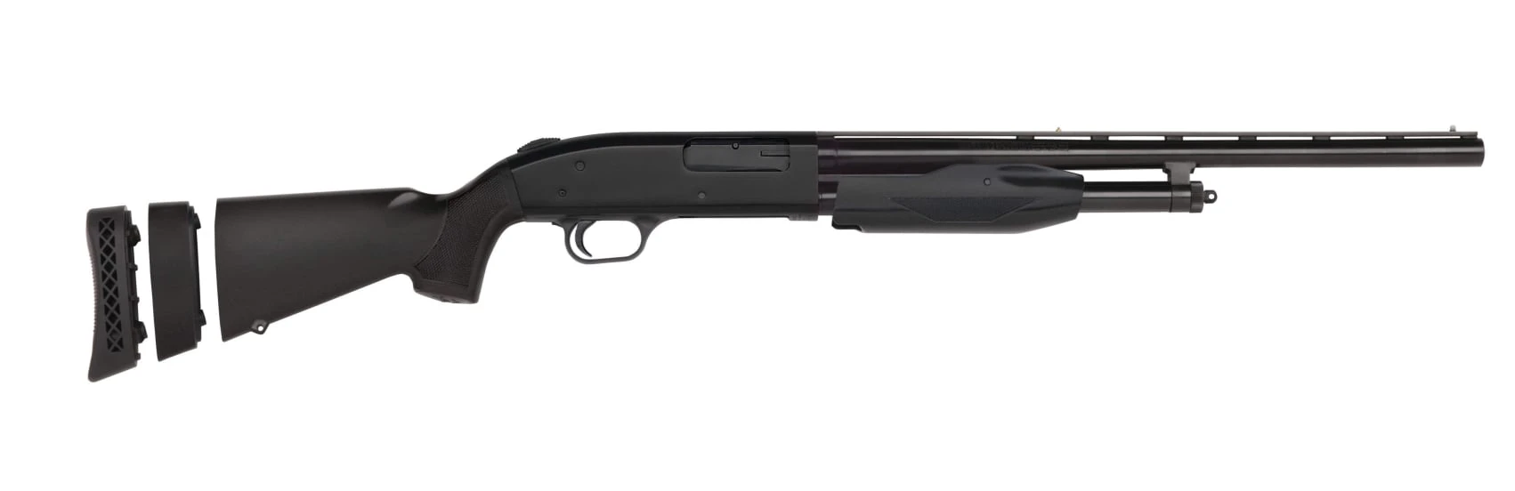 Mossberg 510 Mini Super Bantam pump shotgun with the recoil pad and one inch spacer shown beside the stock