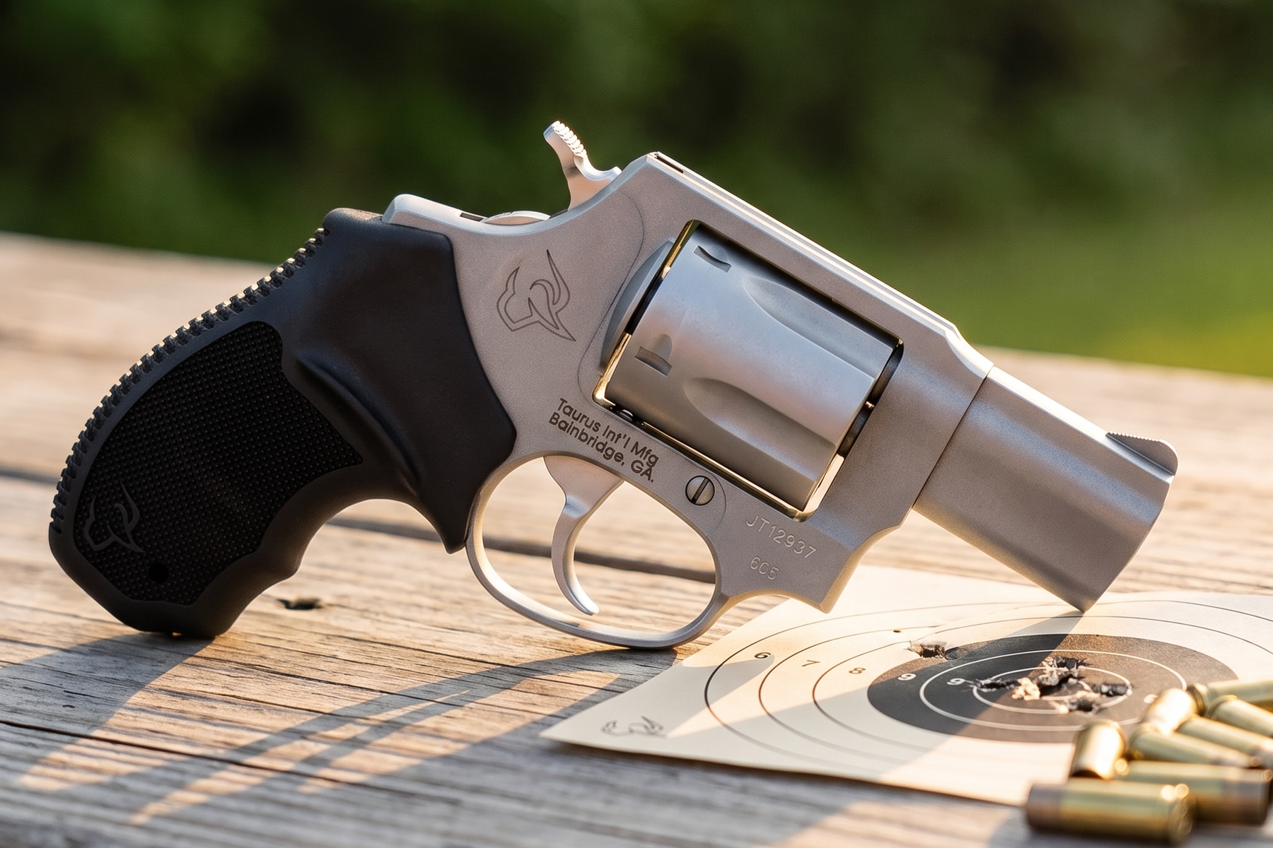 Taurus 605 stainless five shot .357 Magnum revolver on a weathered shooting bench beside a paper target and spent brass