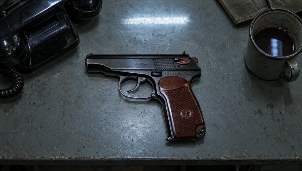 Soviet Makarov PM surplus pistol on a steel desk in a Cold War border guard hut