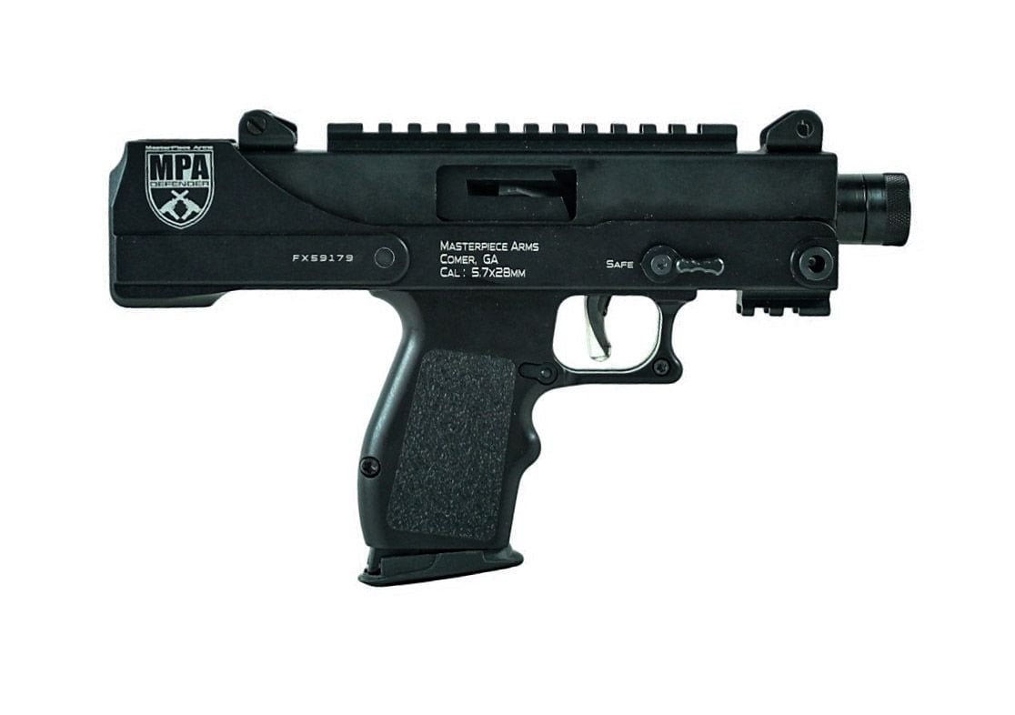Right side of the Masterpiece Arms MPA57DMG pistol in 5.7x28mm with a machined grip, top rail and threaded barrel