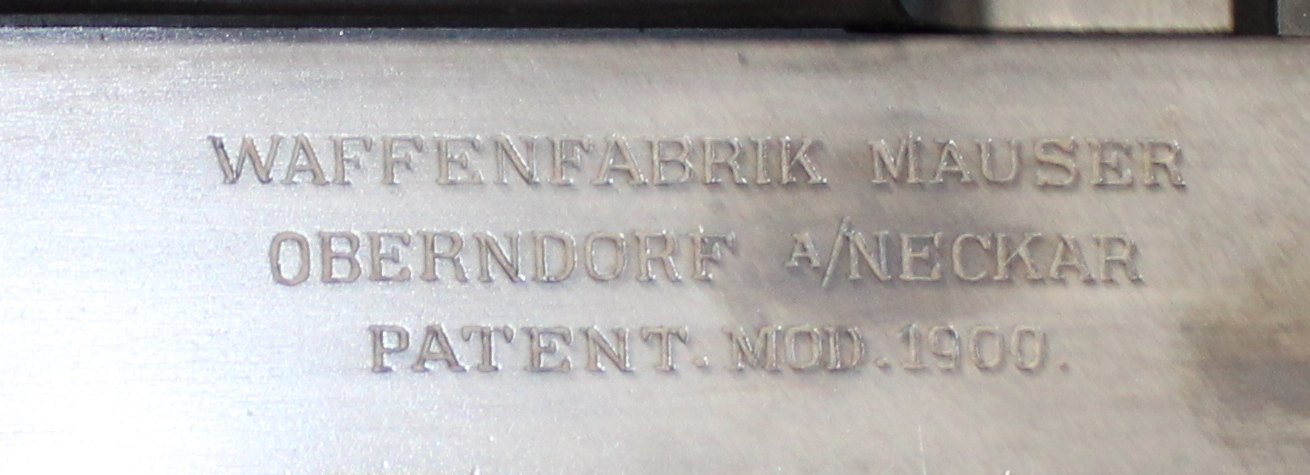 Mauser C96 frame roll mark reading Waffenfabrik Mauser Oberndorf a/Neckar Patent Mod. 1900