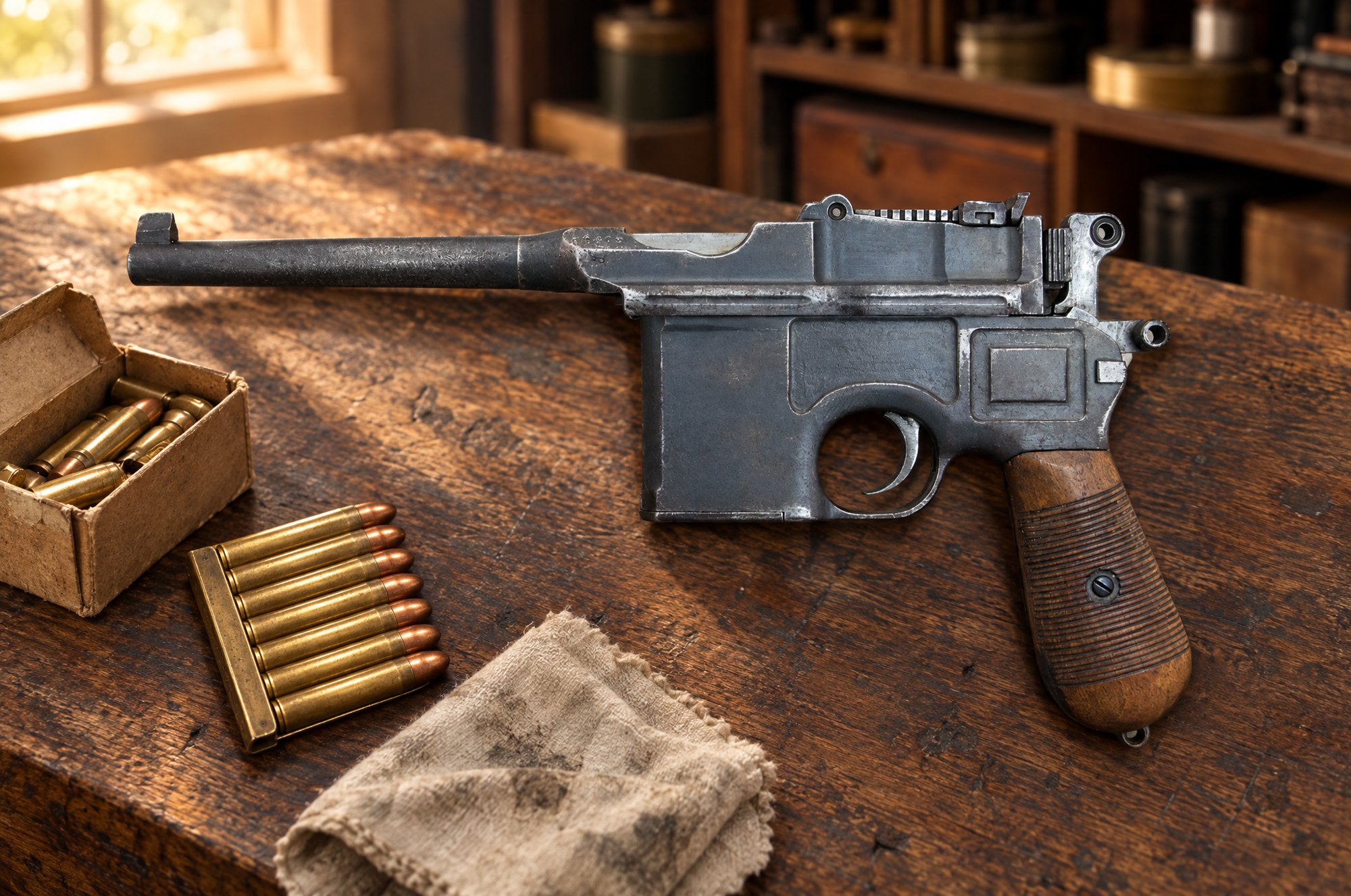 Mauser C96 Broomhandle lying on a workbench beside a stripper clip and a box of 7.63 Mauser cartridges
