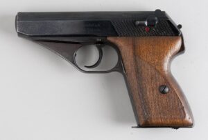 Mauser HSc pistol with wood grips, left side