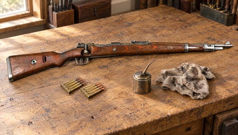 German Mauser Karabiner 98k rifle lying flat on an oak workbench beside two 8mm Mauser stripper clips and an oil can