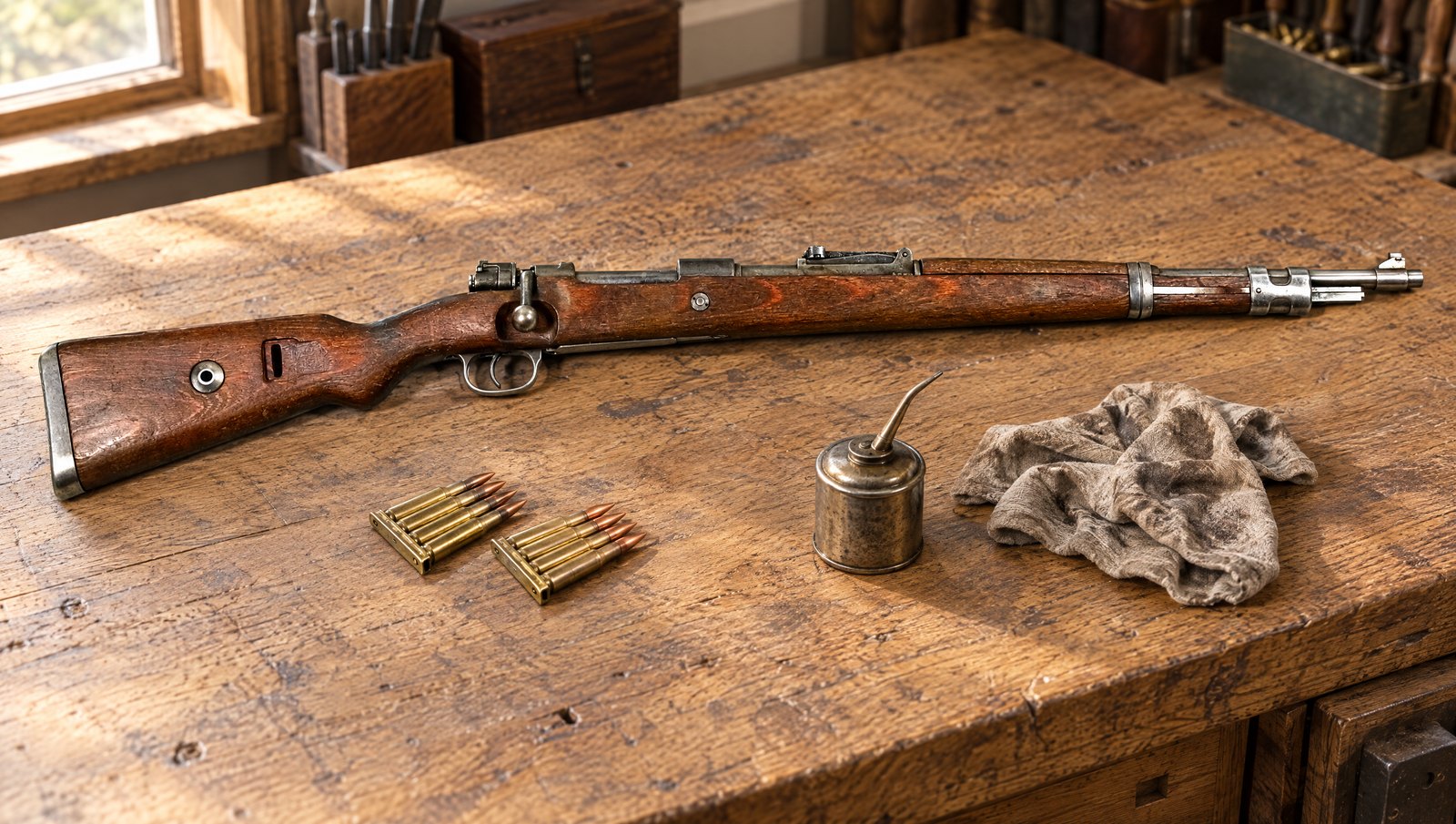 German Mauser Karabiner 98k rifle lying flat on an oak workbench beside two 8mm Mauser stripper clips and an oil can