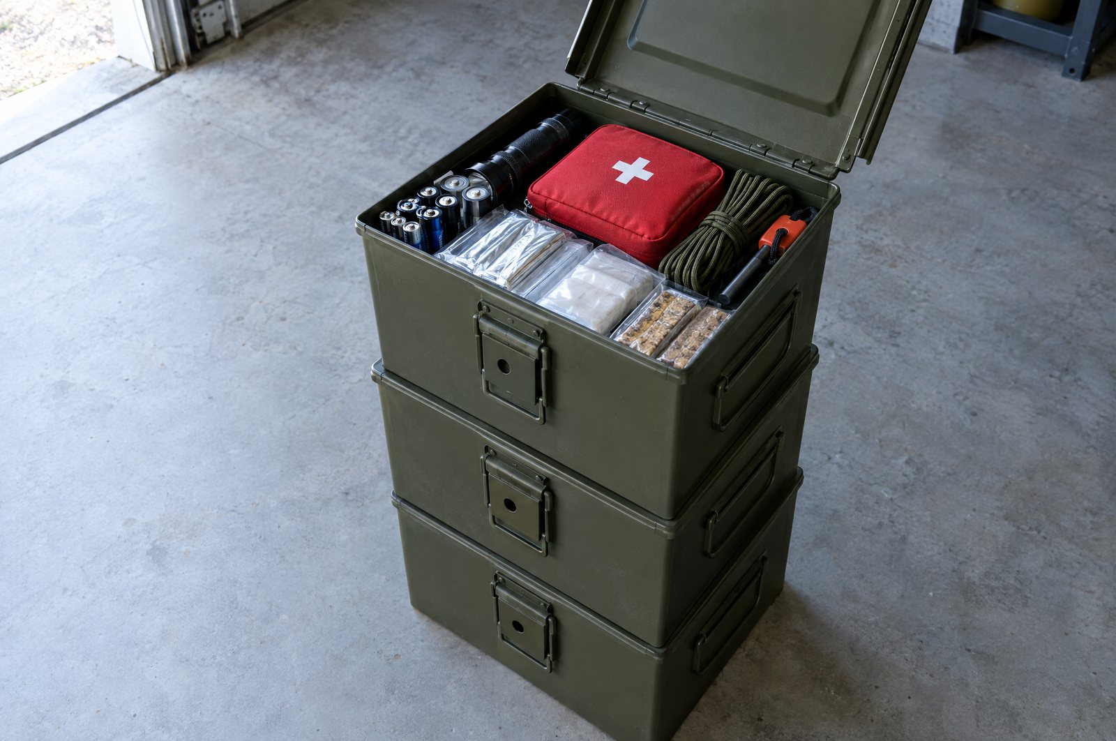 Stacked olive drab steel ammo cans, the top one open with a first aid kit, flashlight, batteries and paracord packed inside