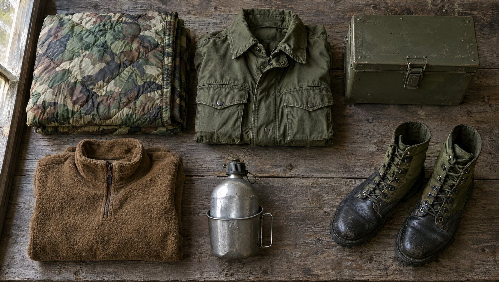 Military surplus clothing and gear laid out on a wood table: woodland poncho liner, olive field jacket, coyote fleece, steel storage can, canteen and cup, jungle boots