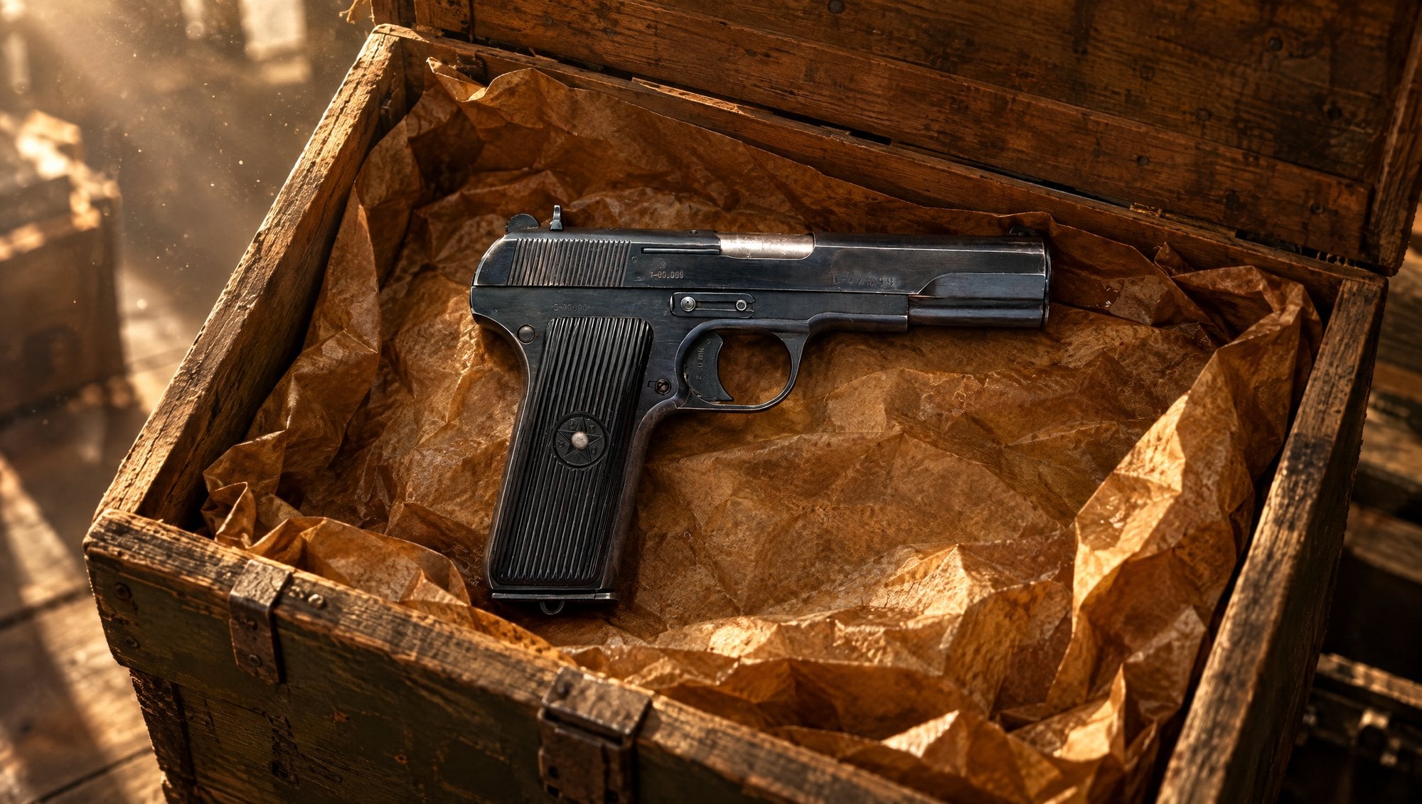 Military surplus pistols: a Zastava M57 Tokarev in an opened surplus crate in a warehouse