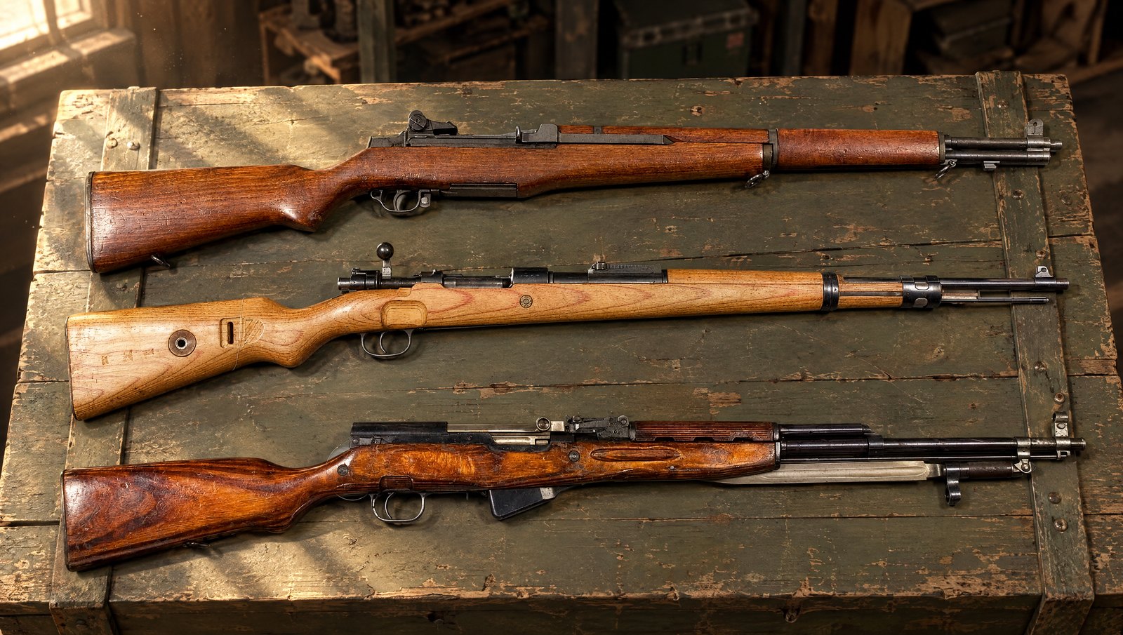 Military surplus rifles: an M1 Garand, a Mauser Karabiner 98k and an SKS lying on an olive drab wooden military crate