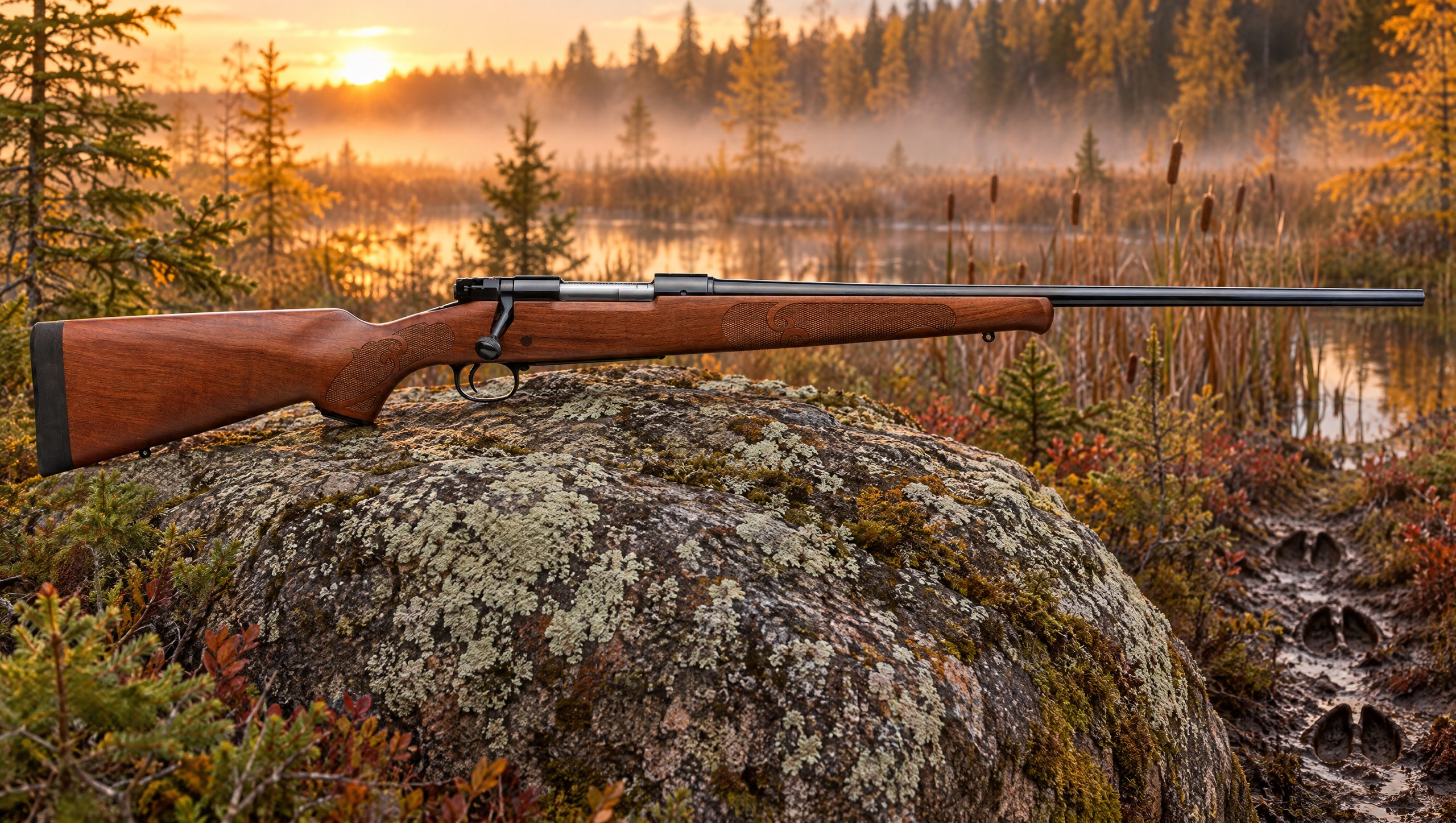 Winchester Model 70 Featherweight bolt-action rifle with walnut stock resting on a lichen-covered boulder at the edge of a foggy spruce bog at sunrise, with moose tracks in the peat