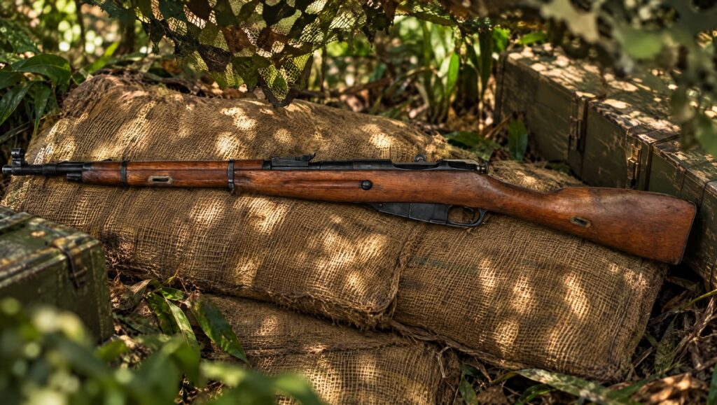 Mosin-Nagant M44 carbine on rice sacks in a jungle supply cache under camouflage netting