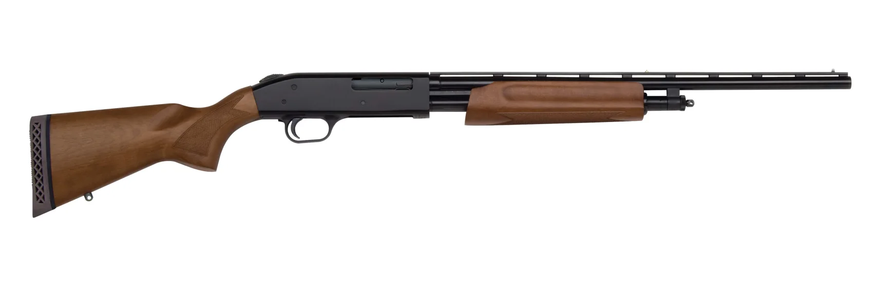 Mossberg 505 Bantam .410 item 57120 studio photo showing the 20 inch vent rib barrel, hardwood stock and forend, right side