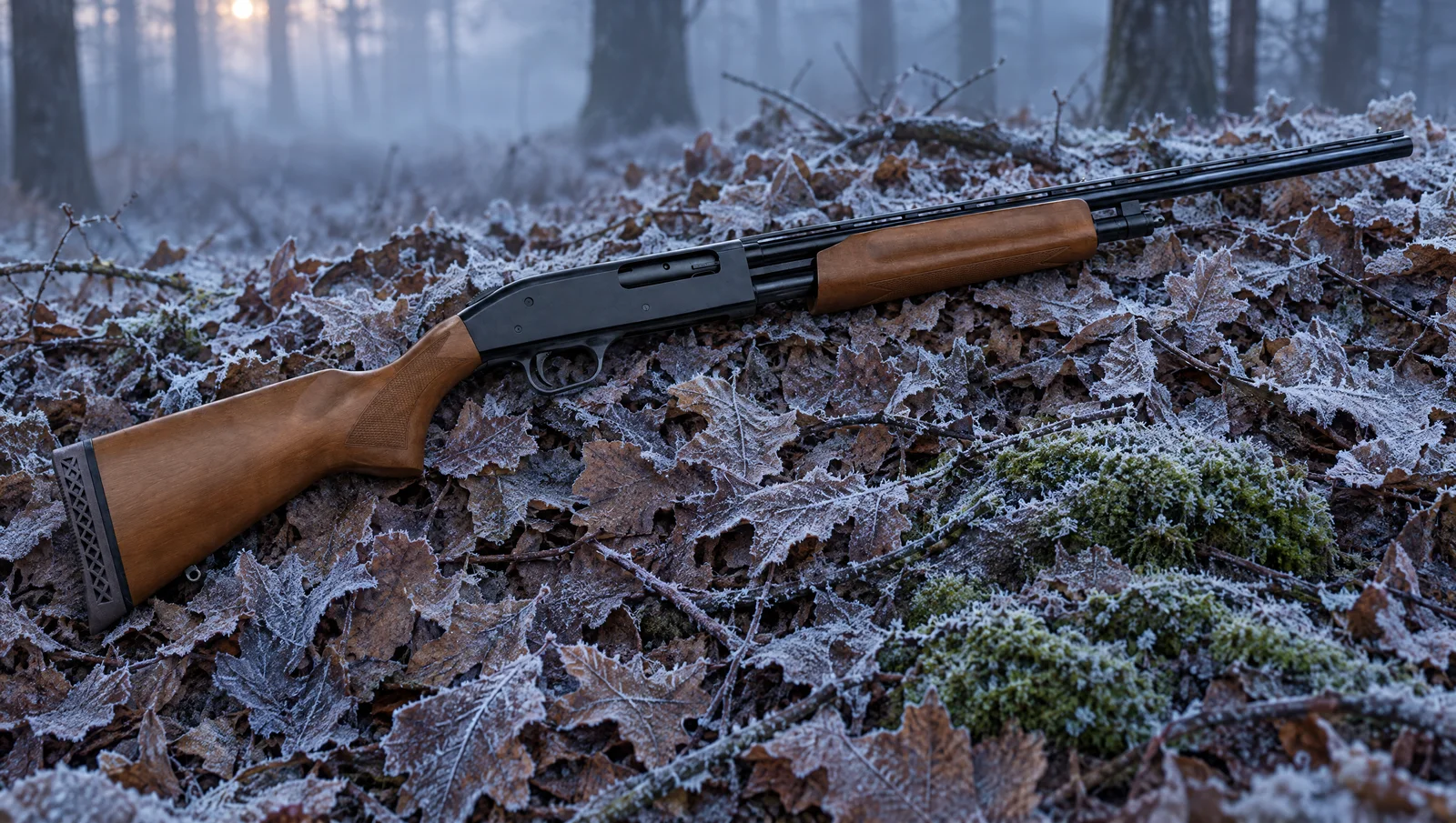 Mossberg 505 Bantam .410 youth shotgun lying on frosty oak leaves on a misty forest floor at dawn