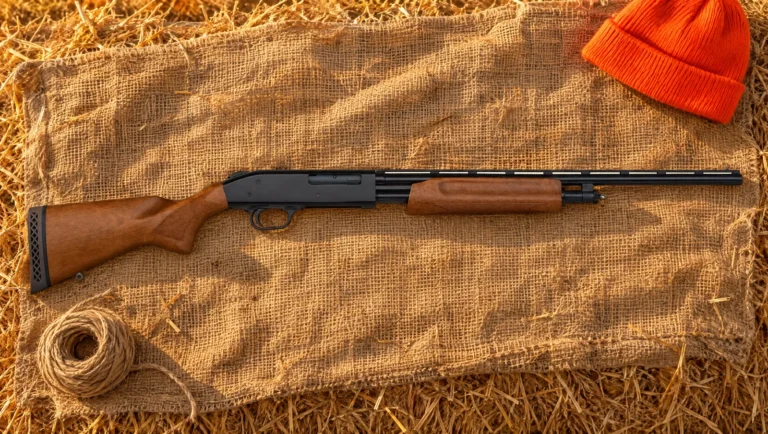 Mossberg 505 Bantam .410 youth pump shotgun with wood stock lying on a burlap sack over a hay bale beside a blaze orange cap