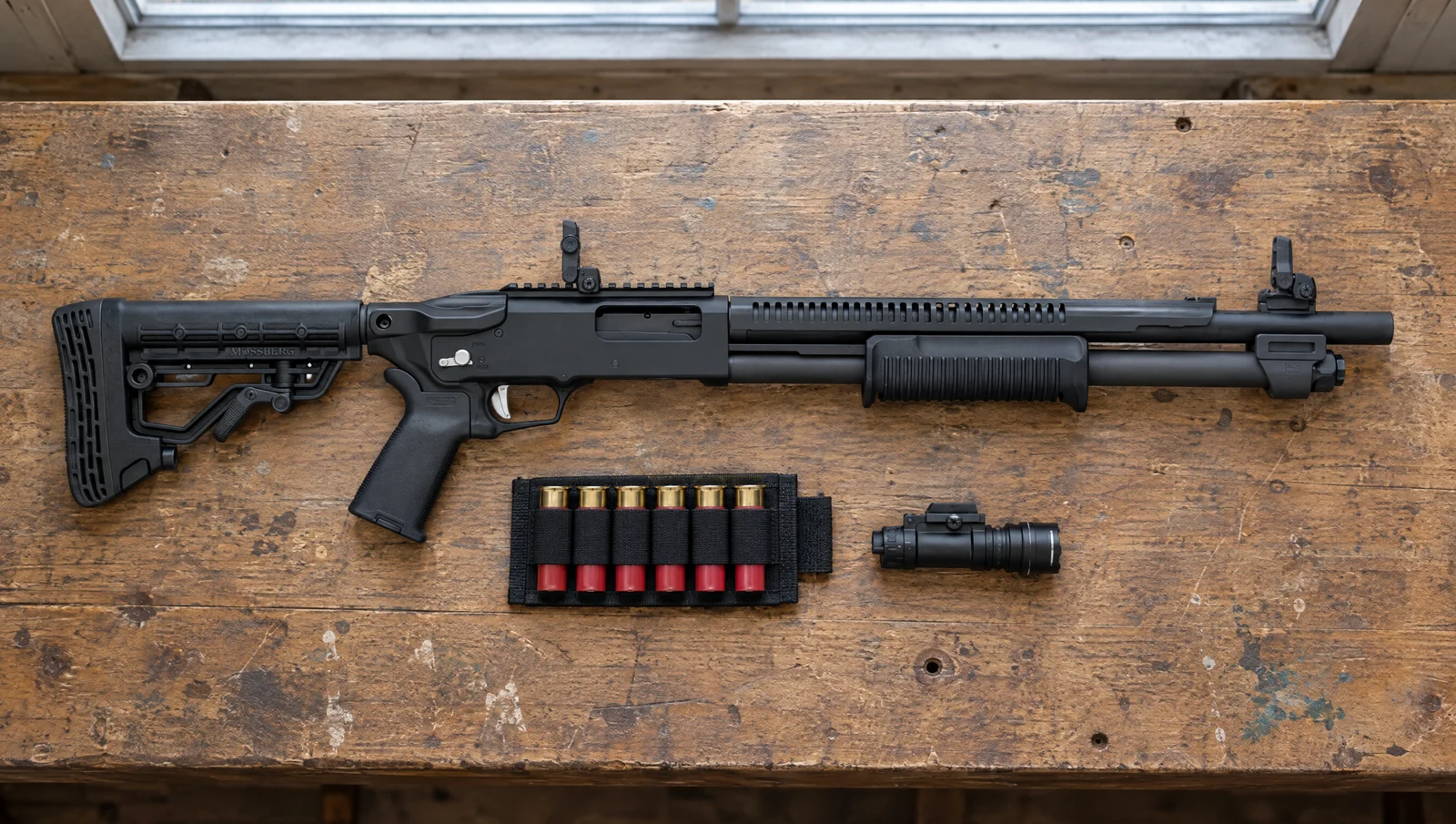 Mossberg 590R 12 gauge pump shotgun with adjustable stock, rotary safety and Magpul MBUS 3 sights lying on a wooden workbench beside a shell card and weapon light