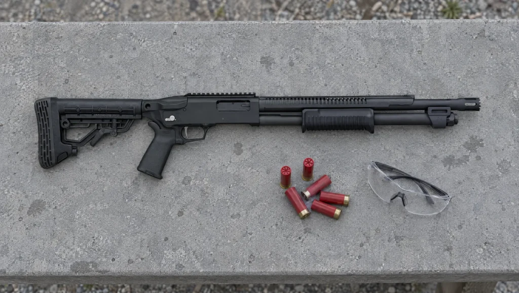 Black Mossberg 590R Stand-Off 50761 with stand-off muzzle and bare top rail lying on a concrete range bench beside red 12 gauge shells and shooting glasses