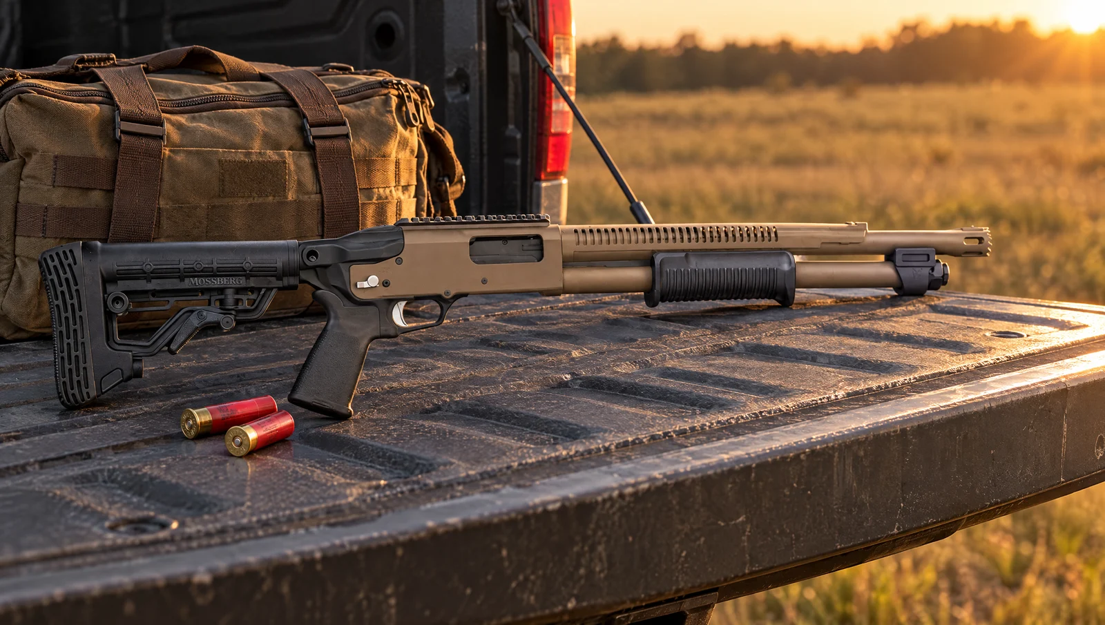 Mossberg 590R Stand-Off Cerakote in flat dark earth with a stand-off muzzle resting on a pickup tailgate at golden hour