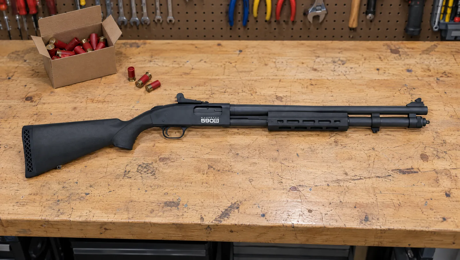 Mossberg 590S 51602 12 gauge pump shotgun with a 20 inch barrel, ghost ring rear sight and M-LOK forend lying on a workbench beside a box of shotshells and short minishells