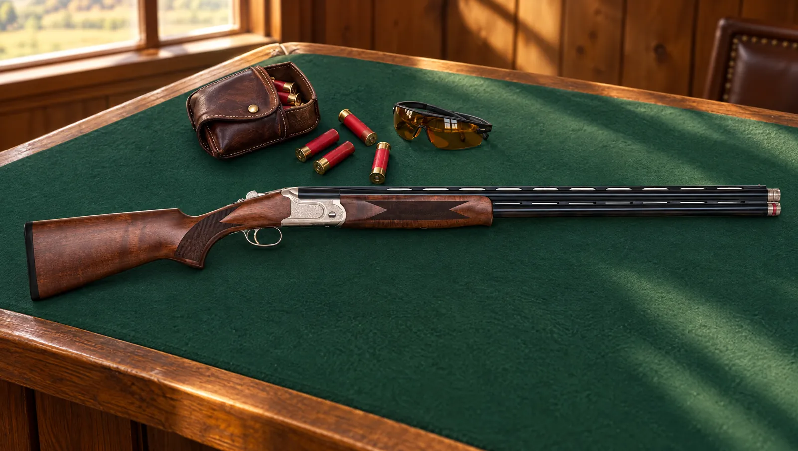 Mossberg Gold Reserve 12 gauge over-under with a polished silver scroll-engraved receiver and black walnut stock on a green felt clubhouse table beside a shell pouch, target shells and shooting glasses