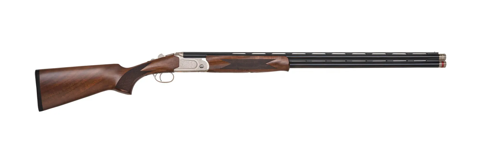 Side view of the Mossberg Gold Reserve 20 gauge 75482 with a polished silver scroll receiver, black walnut stock and 30 inch vent rib barrels, Mossberg photo