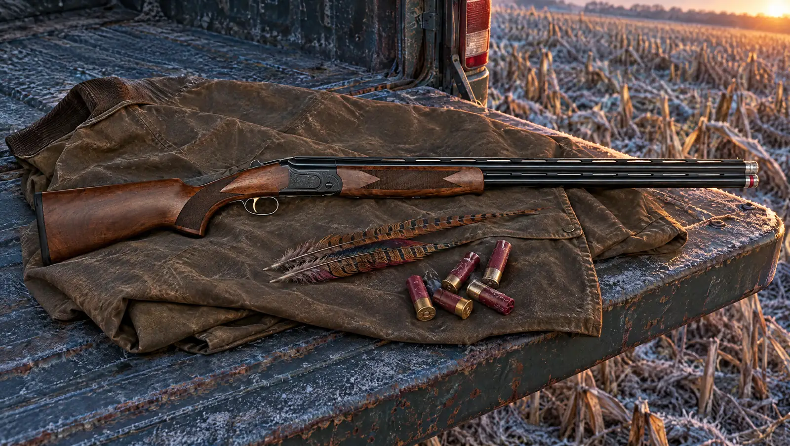 Mossberg Gold Reserve Black over-under with a polished black engraved receiver on a waxed canvas coat on a truck tailgate beside a frosty cornfield at dawn with pheasant feathers and shells