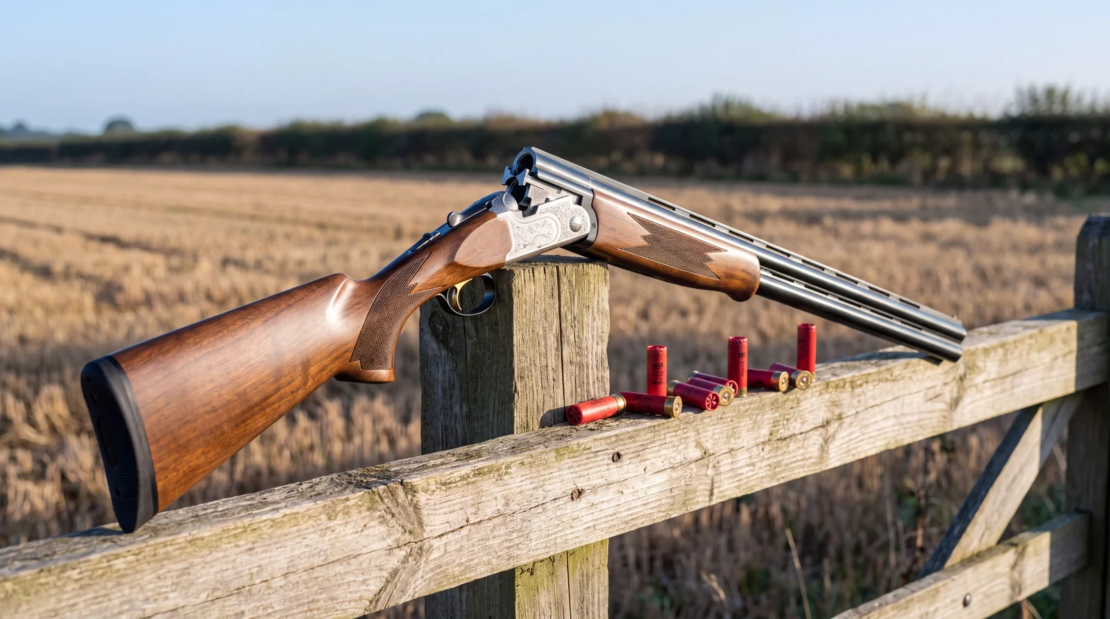 Mossberg Silver Reserve over and under shotgun broken open on a fence rail beside a stubble field on an autumn morning