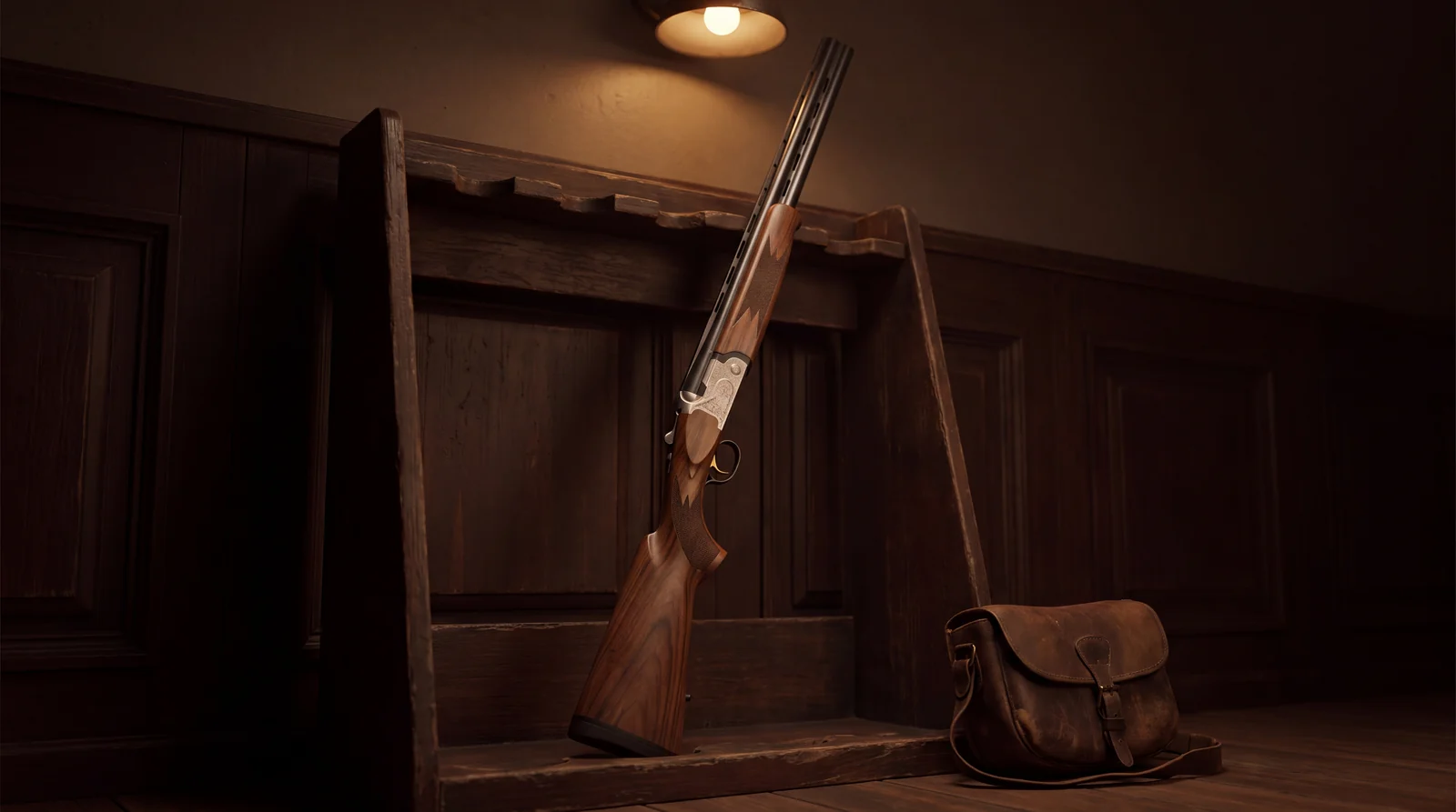 Mossberg Silver Reserve over and under standing in a wooden gun rack in a dim clubroom beside a leather cartridge bag