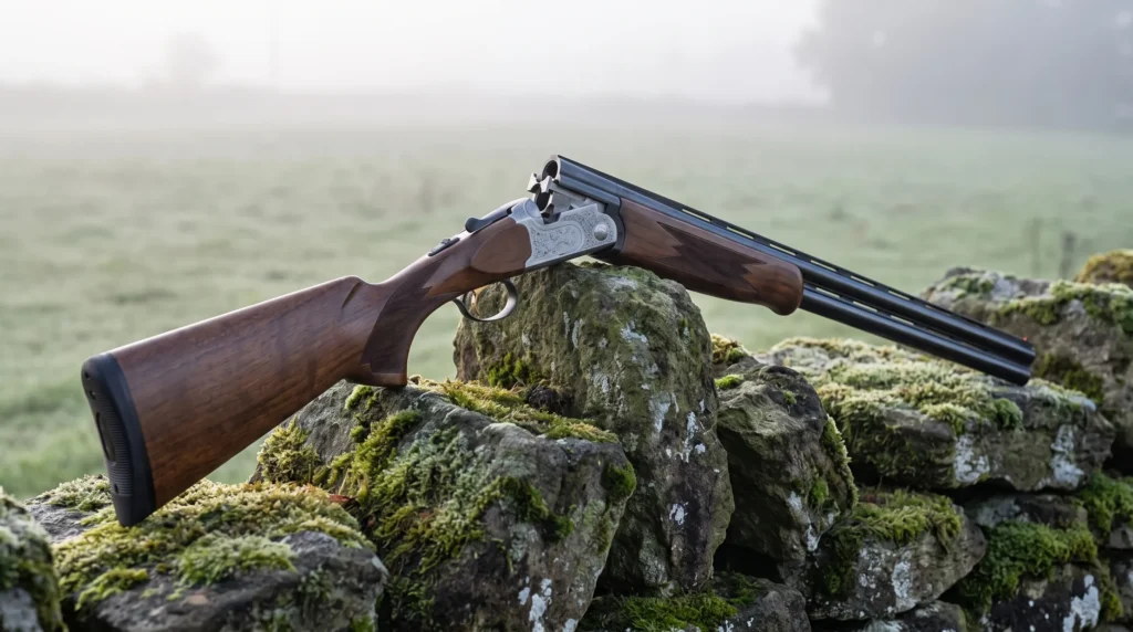 Mossberg Silver Reserve over under shotgun on a dry stone wall