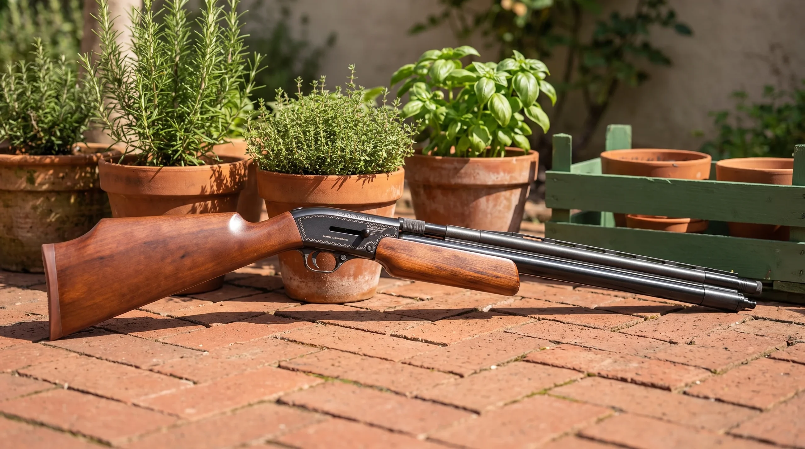 Air Venturi Wing Shot II air shotgun on a sunny backyard patio of red clay bricks with potted herbs