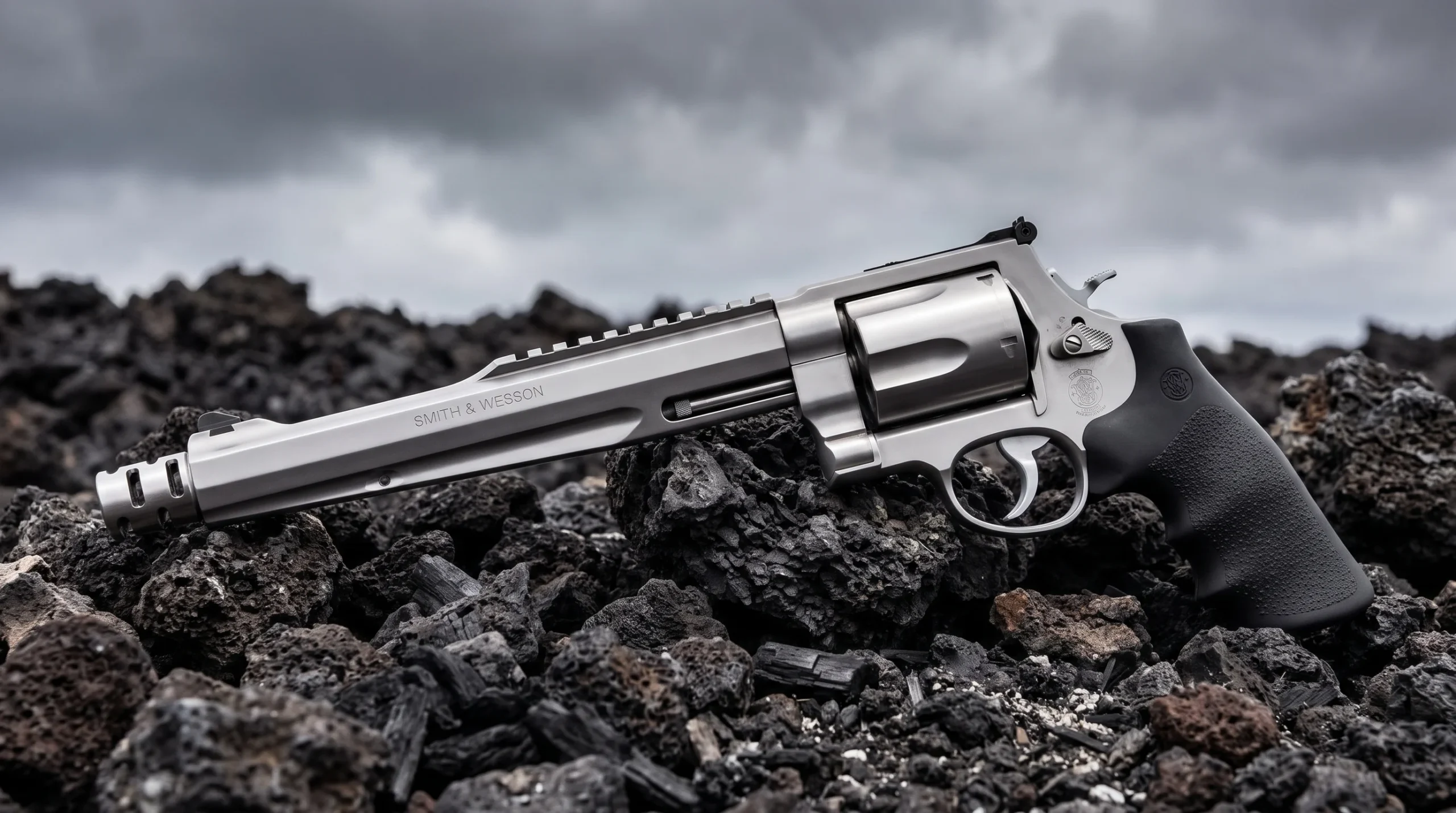 Smith & Wesson Model 500 revolver on a black volcanic lava rock field under a stormy gray sky