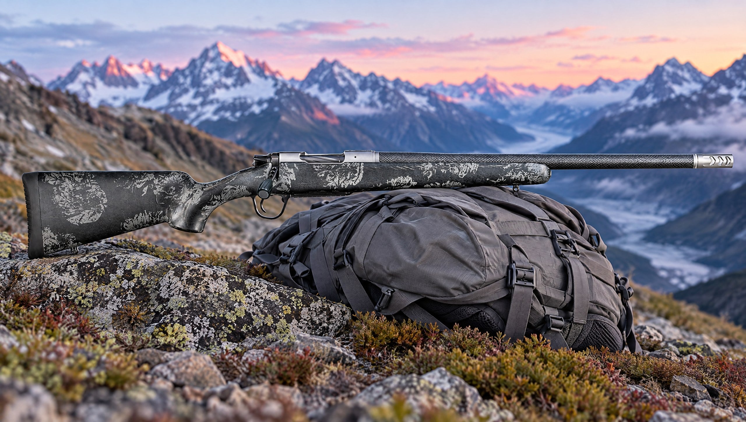 Christensen Arms Ridgeline FFT bolt-action rifle resting on a mountain hunting pack on a lichen-covered ridge above a glacial valley at dawn