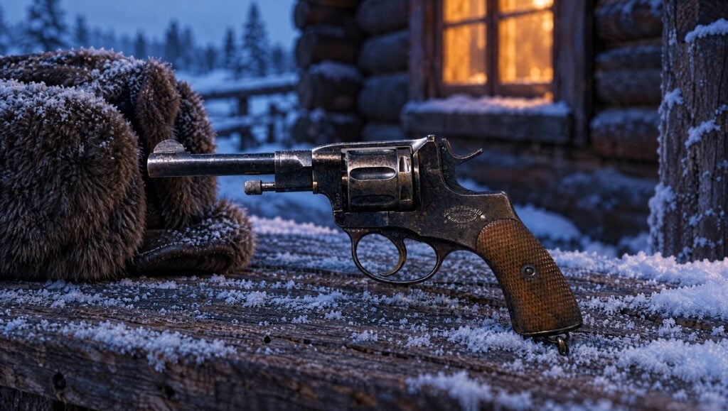 Russian Nagant M1895 surplus revolver on a snowy bench outside a log cabin at dusk