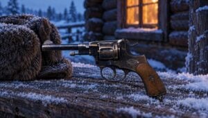 Russian Nagant M1895 surplus revolver on a snowy bench outside a log cabin at dusk