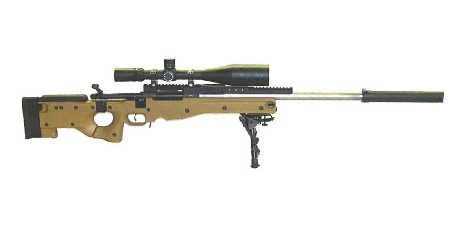 Mk 13 Mod 5 .300 Winchester Magnum bolt-action sniper rifle in a tan chassis with a scope, suppressor and bipod