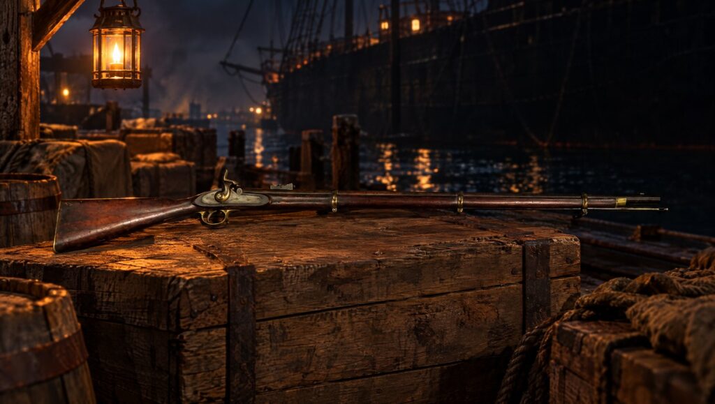 British Pattern 1853 Enfield rifle musket on shipping crates at a lantern-lit wharf during a blockade run