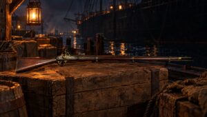 British Pattern 1853 Enfield rifle musket on shipping crates at a lantern-lit wharf during a blockade run