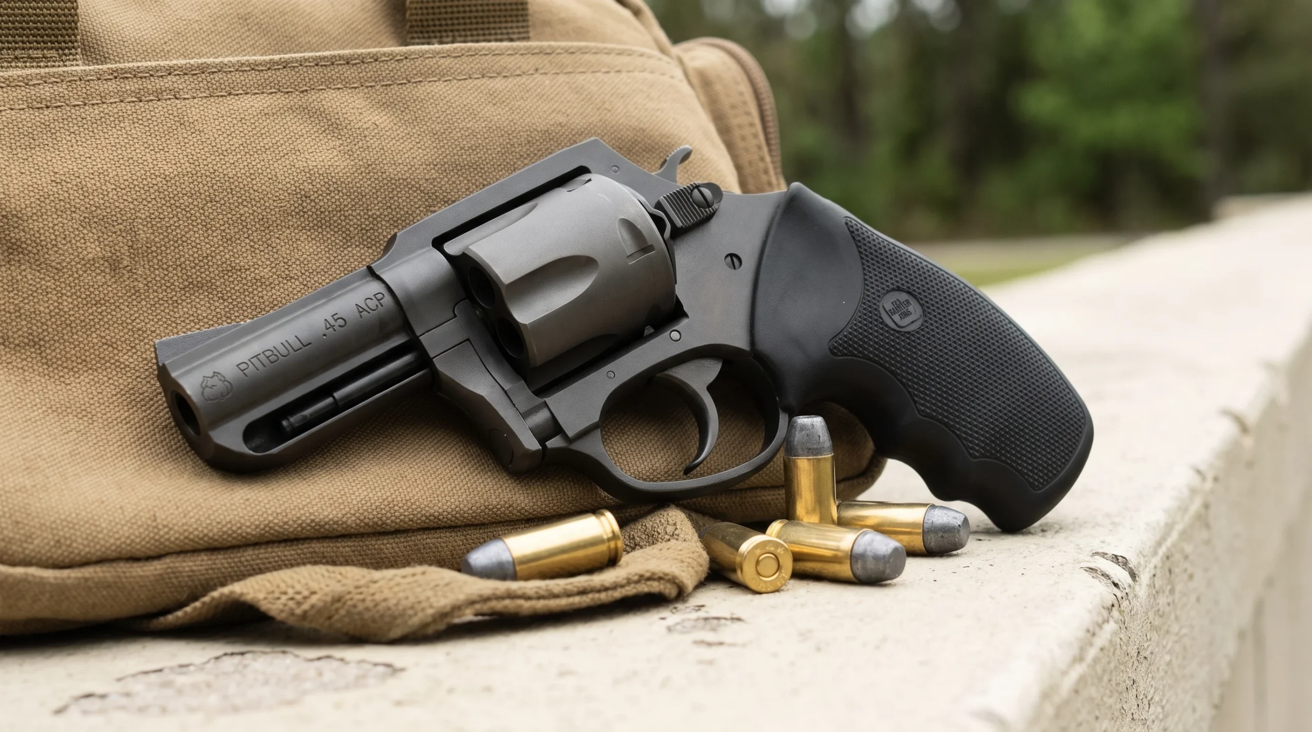 Charter Arms Pitbull .45 ACP revolver in black nitride on a canvas range bag with loose .45 ACP cartridges