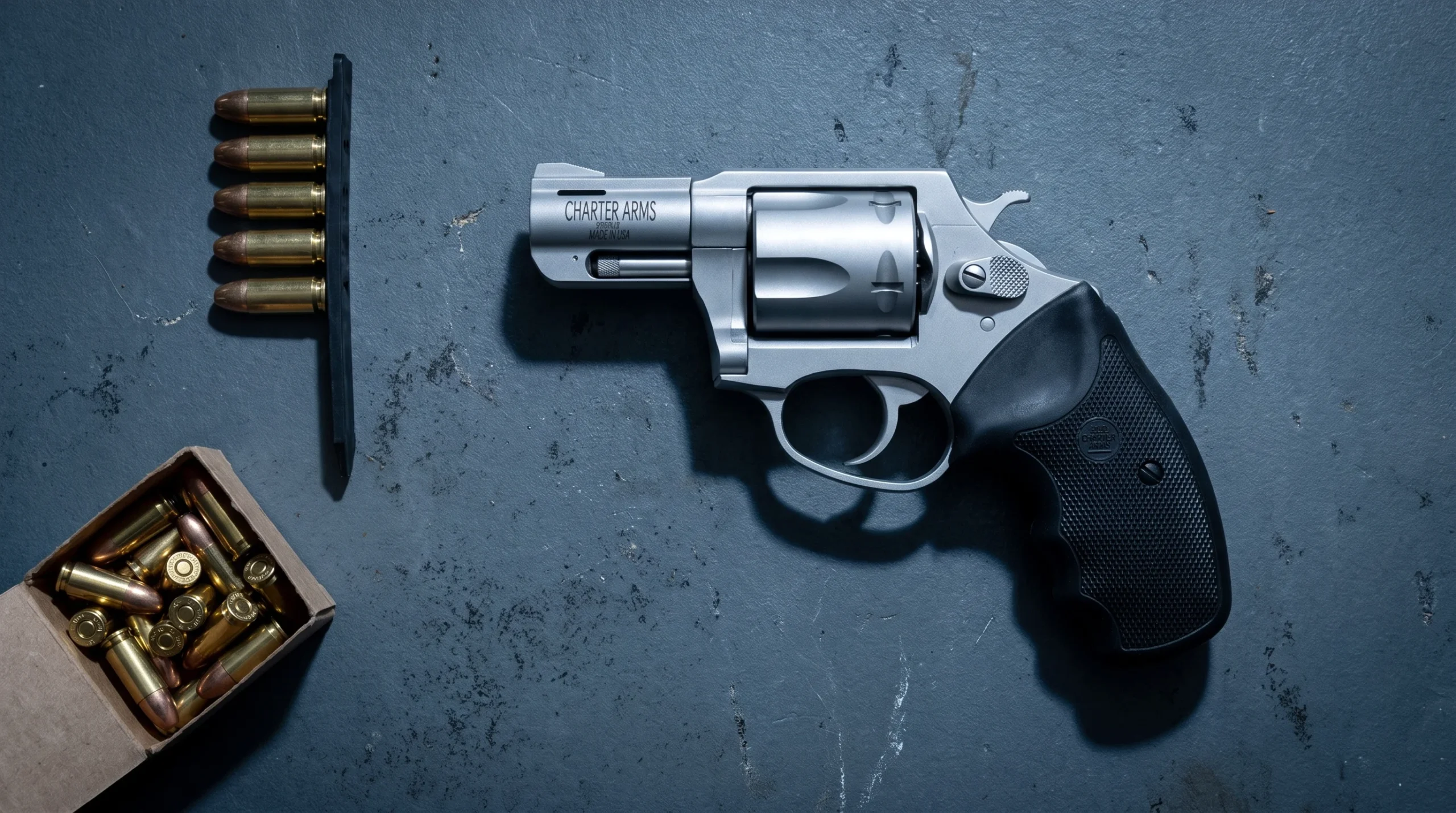 Charter Arms Pitbull 9mm revolver on a slate range table beside a rubber strip of 9mm rounds and an open box of ammunition