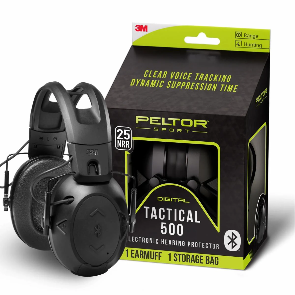 3M Peltor Sport Tactical 500 electronic hearing protector beside its retail box, which carries the 25 NRR badge