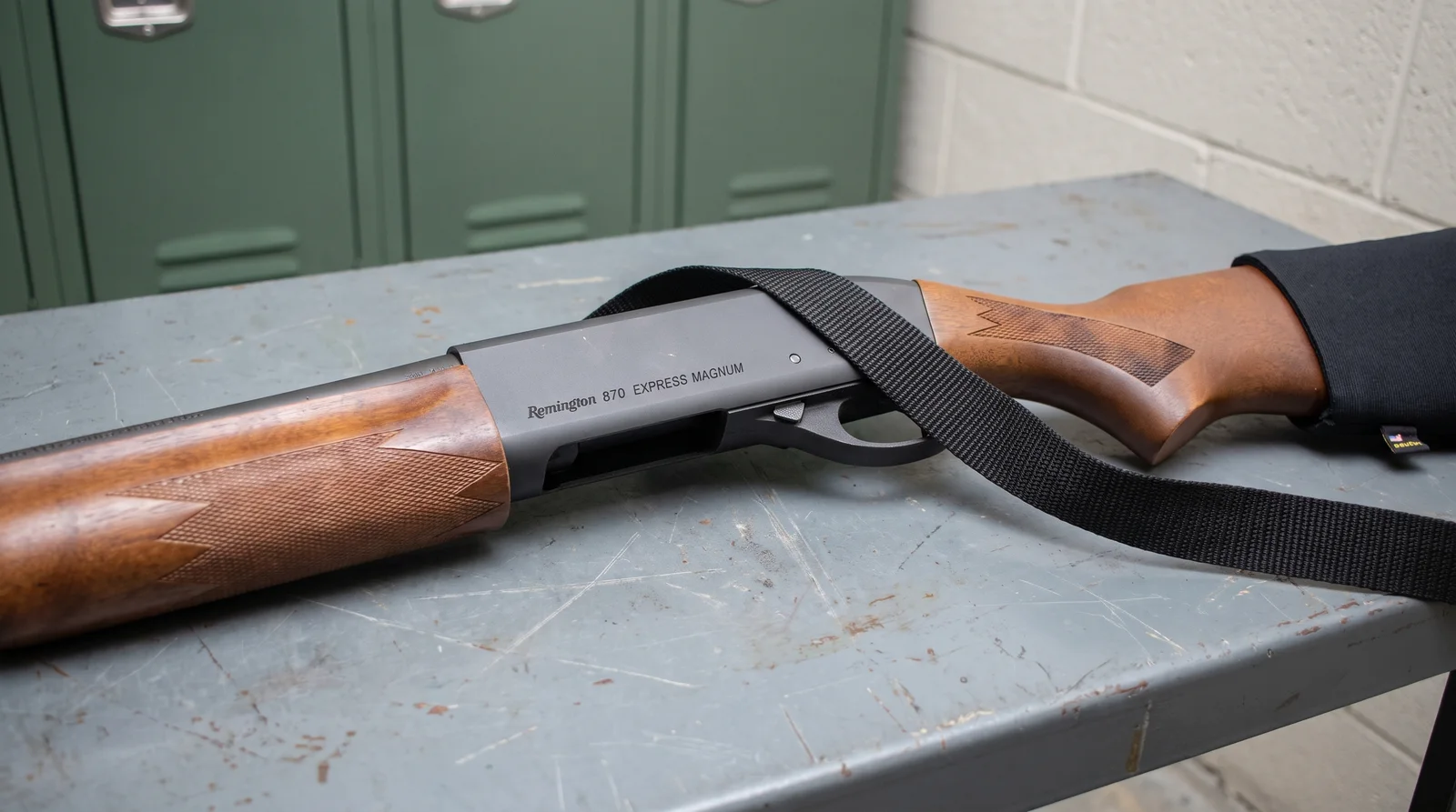 Close-up of a Remington 870 Express Magnum police trade-in receiver and walnut stock with a black sling across it on an armory bench
