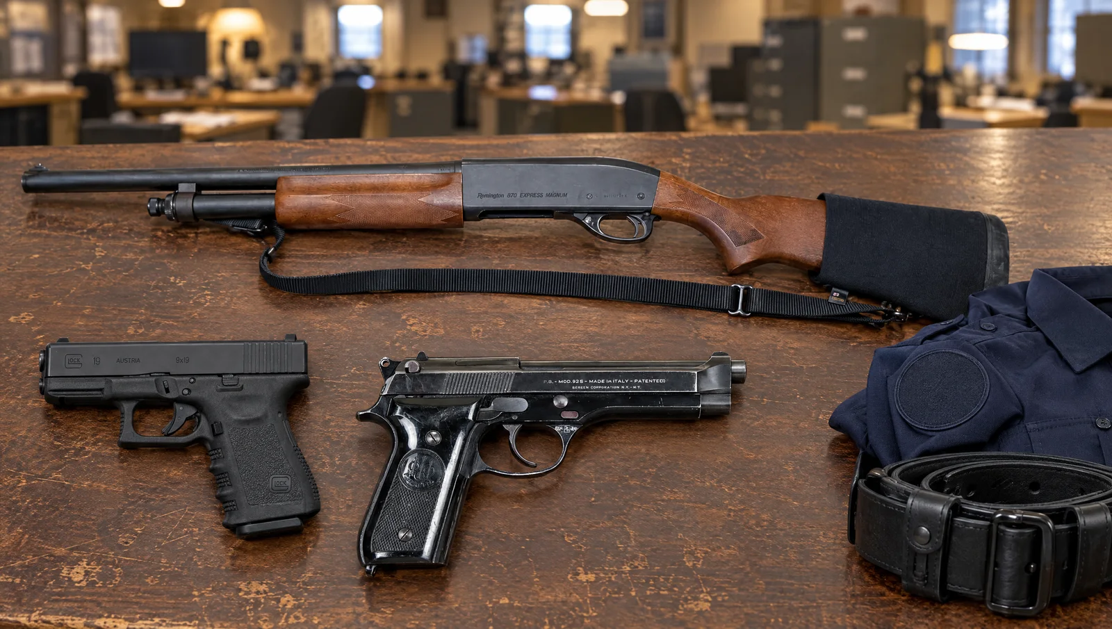 Police trade-in guns on a squad room desk: a Remington 870 Express Magnum shotgun, a Glock 19 Gen 3 and a Beretta 92S pistol beside a folded navy uniform shirt and a duty belt