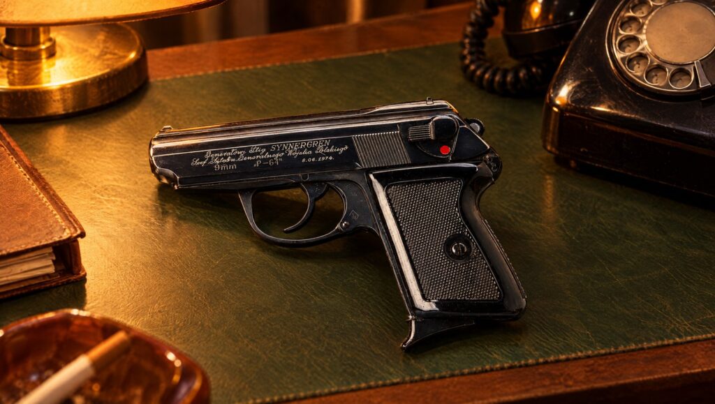 Polish P-64 surplus pistol on a desk blotter in a 1970s Polish militia office