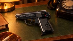 Polish P-64 surplus pistol on a desk blotter in a 1970s Polish militia office