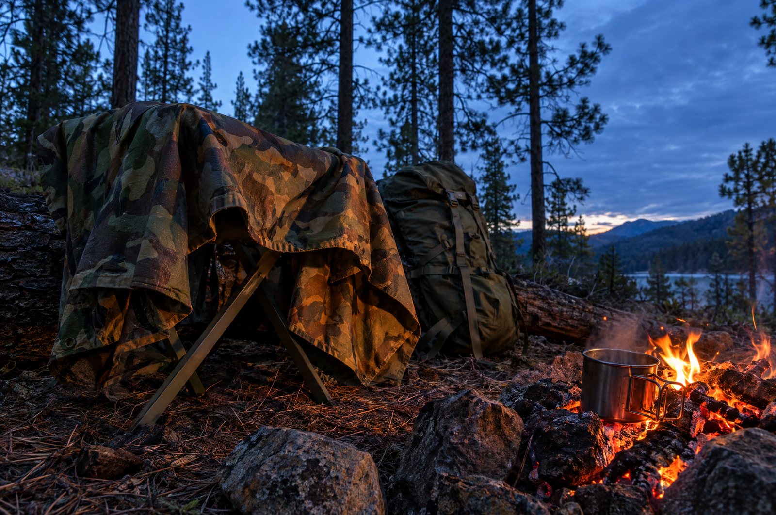 Woodland camouflage poncho liner draped over a camp stool beside a campfire with a canteen cup warming on the coals