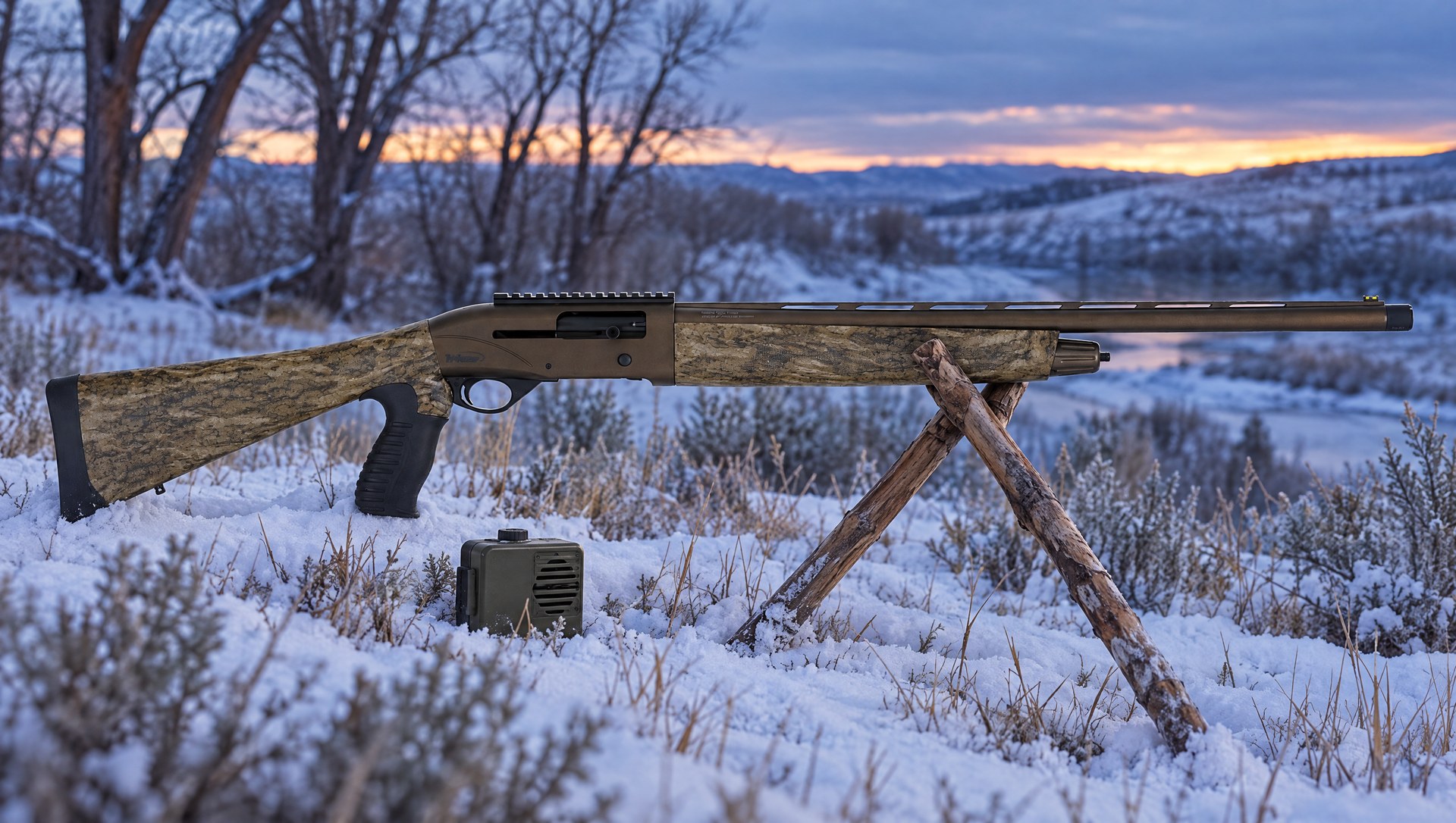 TriStar Viper G2 Turkey 12 gauge shotgun resting on wooden shooting sticks in snow beside an electronic predator caller at dusk